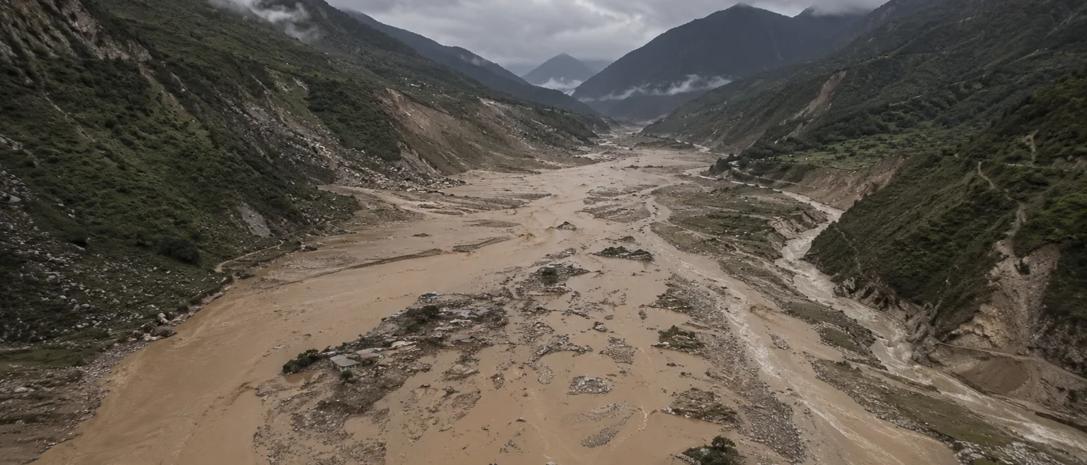 Vista aérea de un valle del Himalaya tras una inundación repentina, agua turbia donde antes había un pueblo, terreno montañoso, cielo nublado
