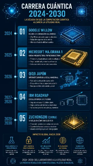 Infografia de la carrera cuantica con hitos 2024-2030 y iconos de chips