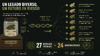 Infografía mostrando siete nuevas especies de ranas diamante descubiertas mediante ADN de museo, de un total de 27 especies, 24 amenazadas