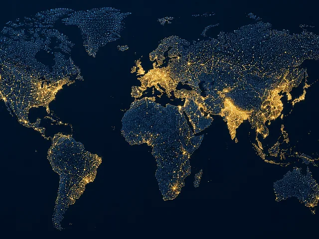 Visualización abstracta de un mapa mundial con clústeres de puntos representando concentraciones de población