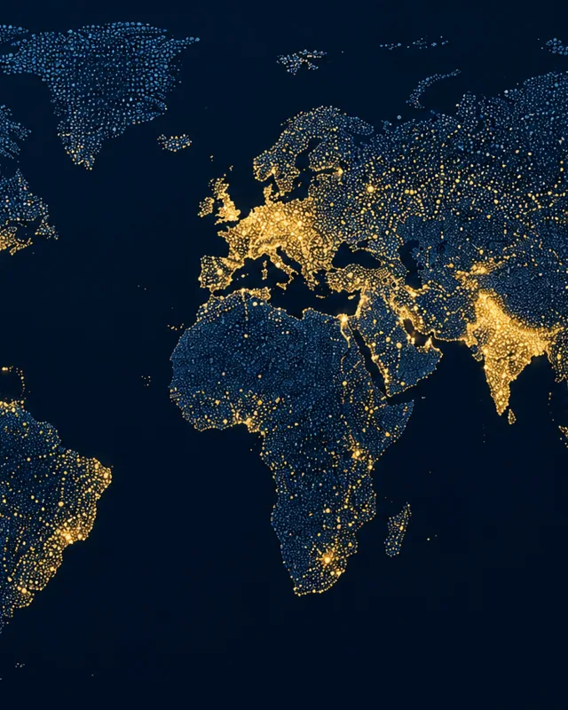 Visualización abstracta de un mapa mundial con clústeres de puntos representando concentraciones de población