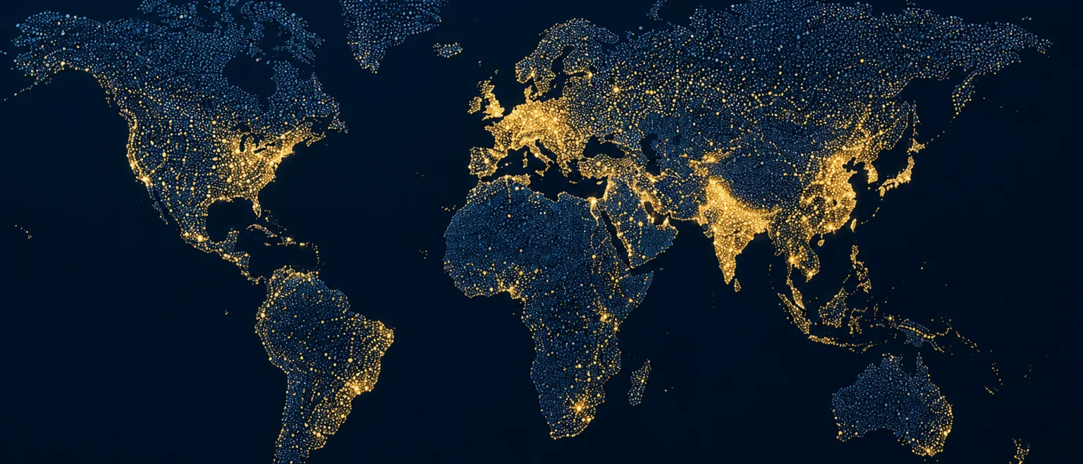 Visualización abstracta de un mapa mundial con clústeres de puntos representando concentraciones de población