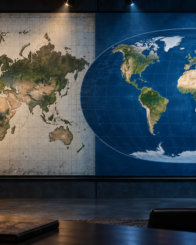 Gran mapamundi en una pared con iluminación lateral dramática, mitad en proyección Mercator con Groenlandia agrandada y mitad en proyección Equal Earth con África a tamaño real