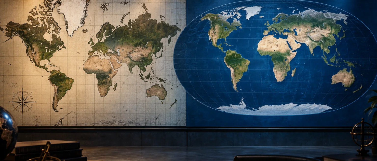 Gran mapamundi en una pared con iluminación lateral dramática, mitad en proyección Mercator con Groenlandia agrandada y mitad en proyección Equal Earth con África a tamaño real