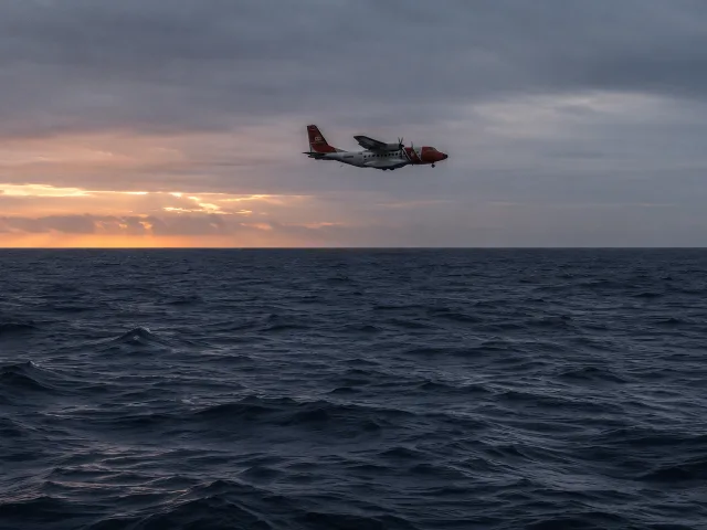 Avión de búsqueda y rescate sobrevolando el océano Atlántico al amanecer, aguas oscuras y agitadas