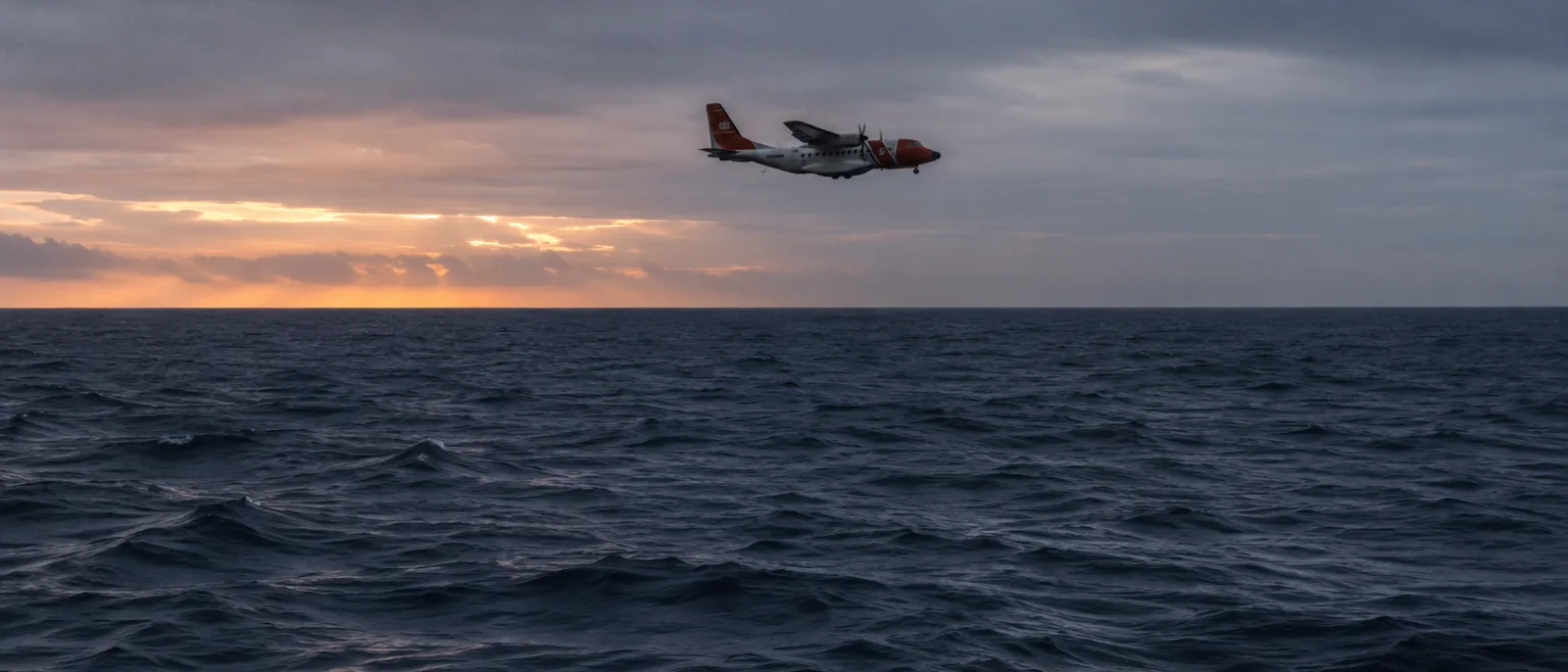 Avión de búsqueda y rescate sobrevolando el océano Atlántico al amanecer, aguas oscuras y agitadas