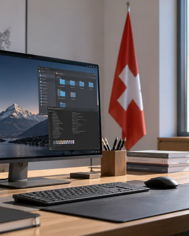 Puesto de trabajo minimalista en una oficina gubernamental suiza con un monitor mostrando un escritorio de código abierto y una bandera suiza desenfocada al fondo