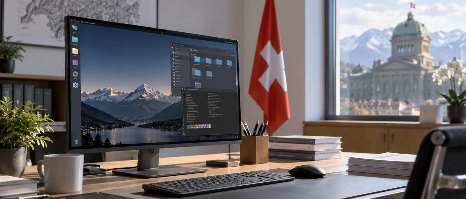 Puesto de trabajo minimalista en una oficina gubernamental suiza con un monitor mostrando un escritorio de código abierto y una bandera suiza desenfocada al fondo