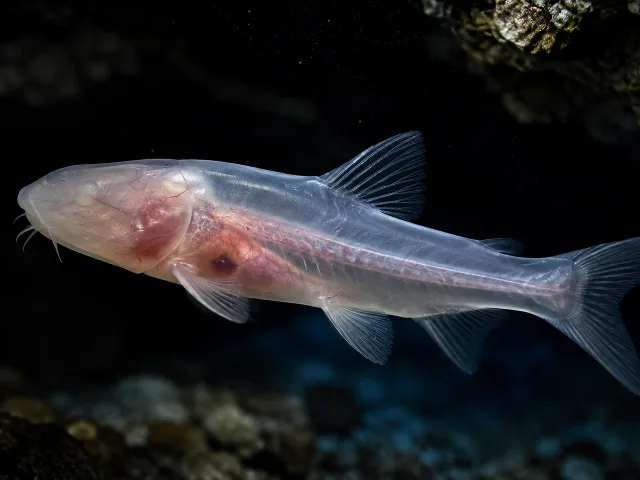 Macrofotografía de un pequeño pez cueva ciego y translúcido en aguas oscuras, con el cerebro visible a través de la piel