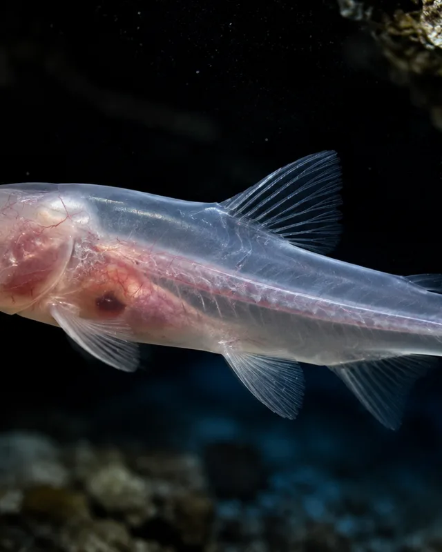 Macrofotografía de un pequeño pez cueva ciego y translúcido en aguas oscuras, con el cerebro visible a través de la piel