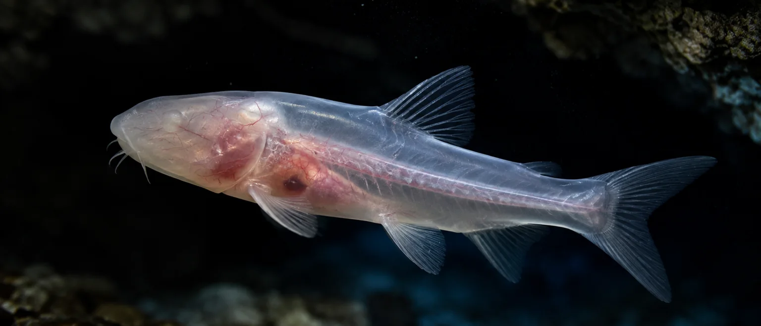 Macrofotografía de un pequeño pez cueva ciego y translúcido en aguas oscuras, con el cerebro visible a través de la piel