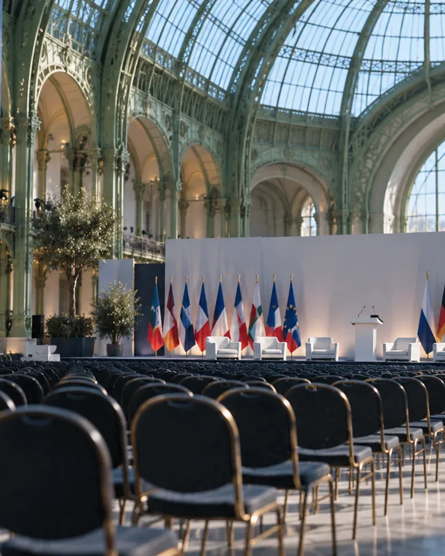 Sala de exposiciones parisina de cristal y hierro preparada para una cumbre internacional, con filas de sillas vacías frente a un escenario y banderas desenfocadas al fondo bajo la luz del techo acristalado