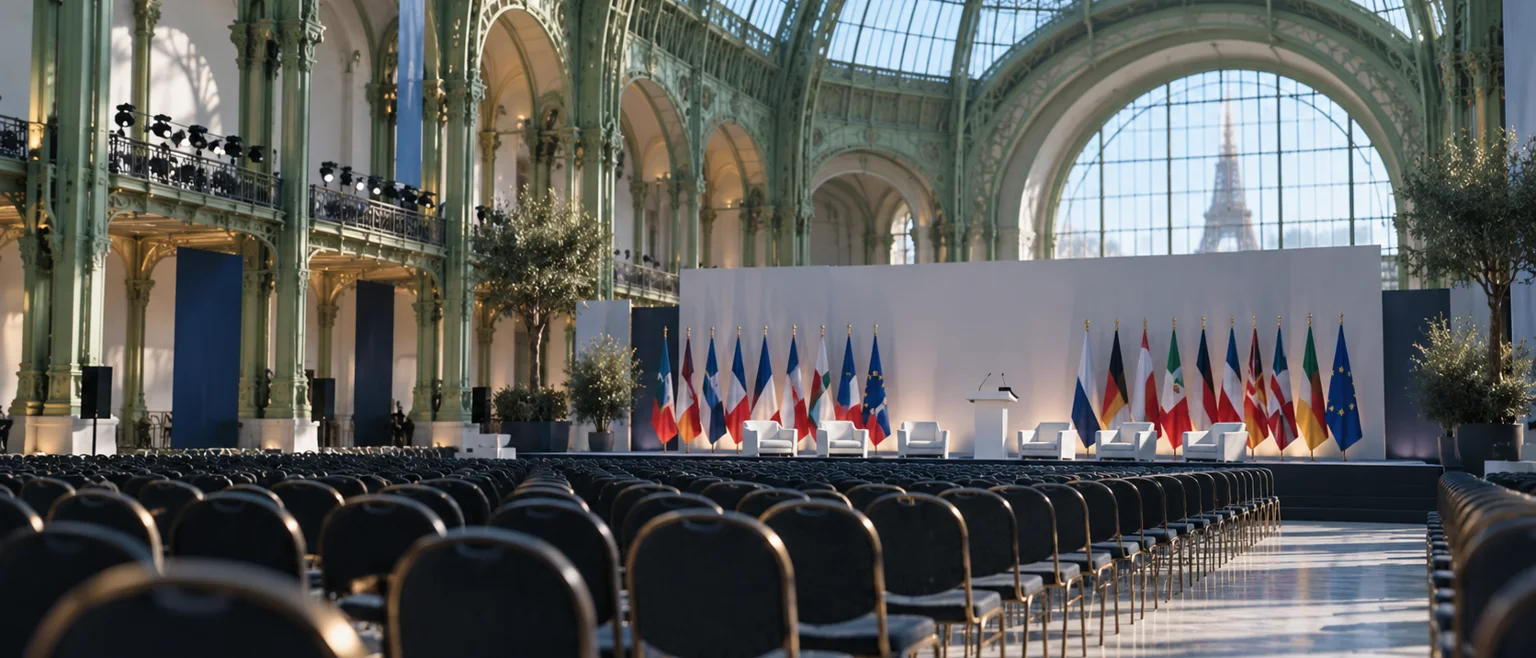 Sala de exposiciones parisina de cristal y hierro preparada para una cumbre internacional, con filas de sillas vacías frente a un escenario y banderas desenfocadas al fondo bajo la luz del techo acristalado