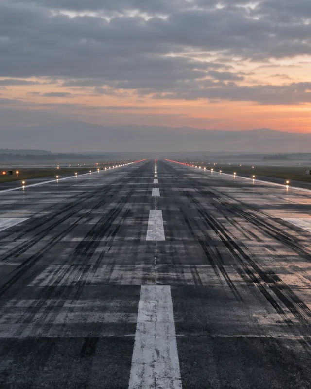 Pista de aeropuerto vacía vista desde el nivel del suelo al amanecer, con asfalto mojado, marcas de neumático y luces de borde perdiéndose en la bruma bajo un cielo encapotado
