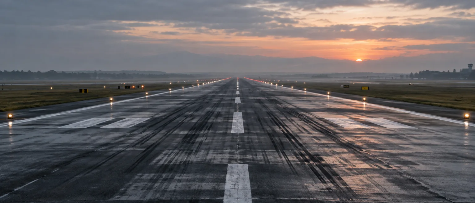 Pista de aeropuerto vacía vista desde el nivel del suelo al amanecer, con asfalto mojado, marcas de neumático y luces de borde perdiéndose en la bruma bajo un cielo encapotado