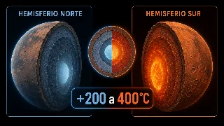 Infografía comparando la temperatura interna del hemisferio norte y sur de Marte, con una diferencia de 200 a 400 grados Celsius