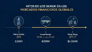 Línea de tiempo con las emisiones de sukuk soberano de Reino Unido (2014, £200M), Luxemburgo (€200M) y Hong Kong (2014-17, $3.000M)