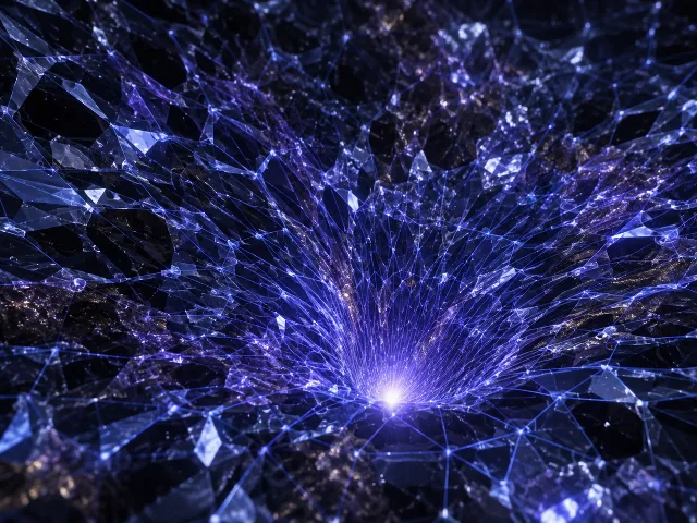 Ilustración abstracta de una estructura cristalina de espaciotiempo colapsando hacia un agujero negro microscópico