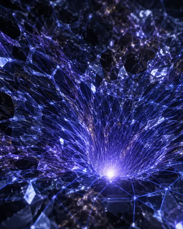Ilustración abstracta de una estructura cristalina de espaciotiempo colapsando hacia un agujero negro microscópico