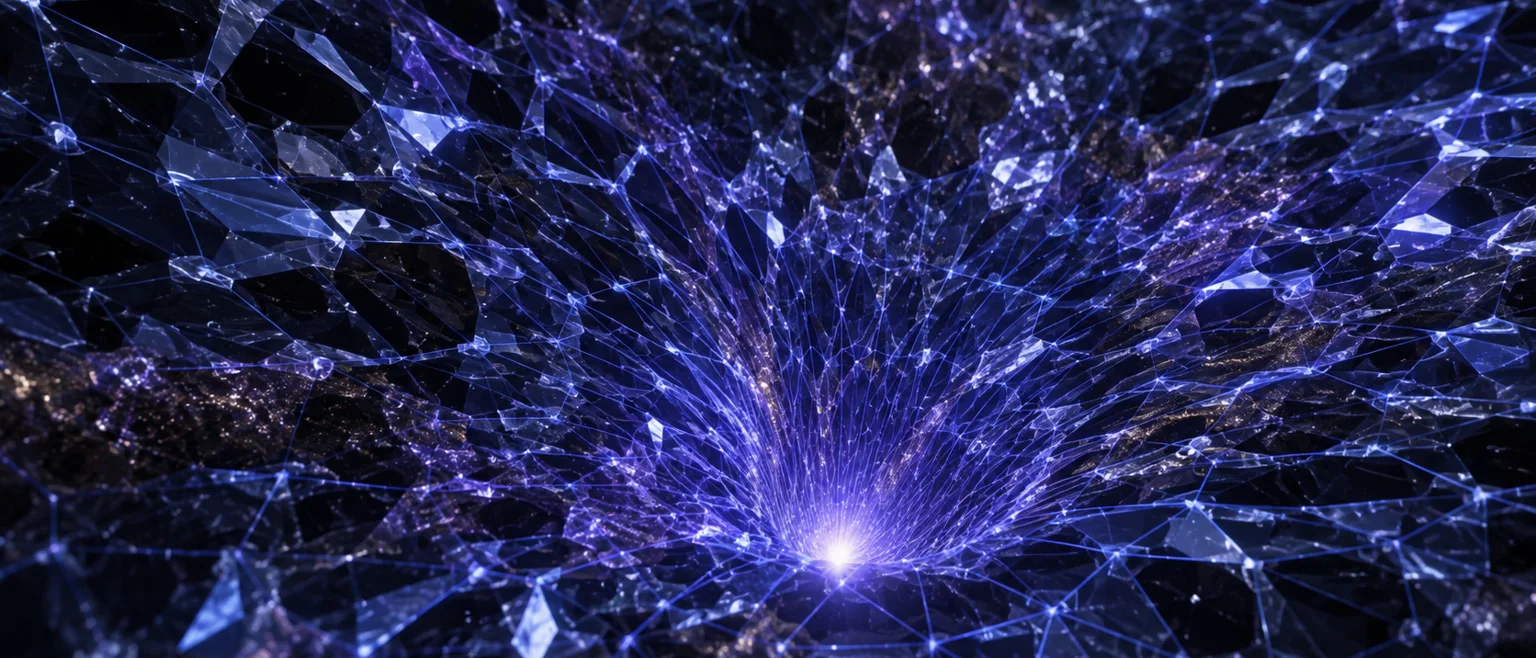 Ilustración abstracta de una estructura cristalina de espaciotiempo colapsando hacia un agujero negro microscópico