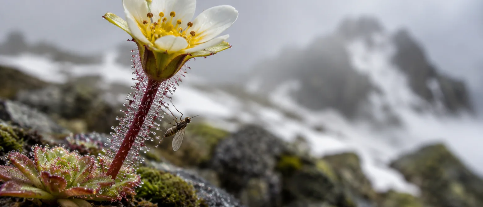 Macrofotografía de una flor alpina blanca y amarilla de Saxifraga con pelos glandulares pegajosos y un pequeño insecto atrapado