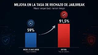 Infografía comparando la tasa de rechazo de jailbreaks de ciberseguridad entre el modelo anterior de OpenAI (59%) y Astra (91,5%)