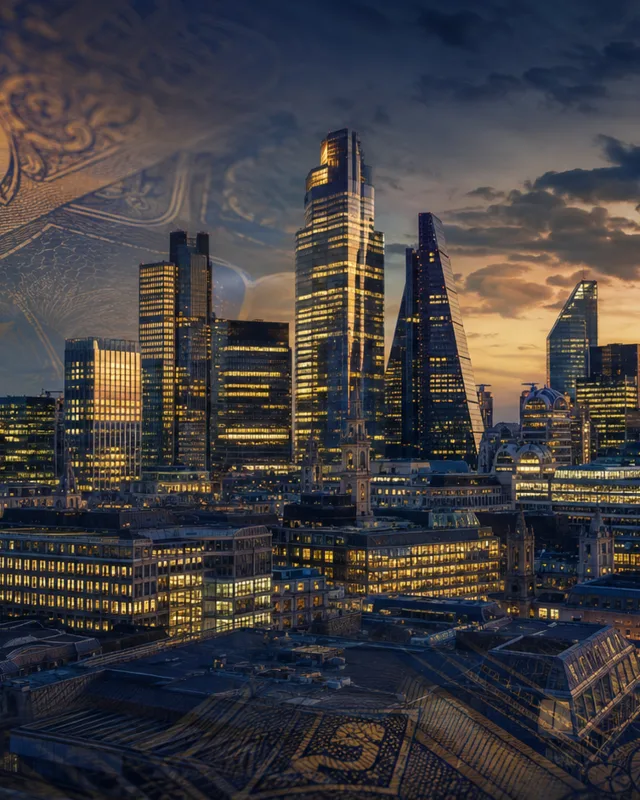 Skyline del distrito financiero de Londres al atardecer con texturas de bonos superpuestas, evocando el mercado de deuda soberana
