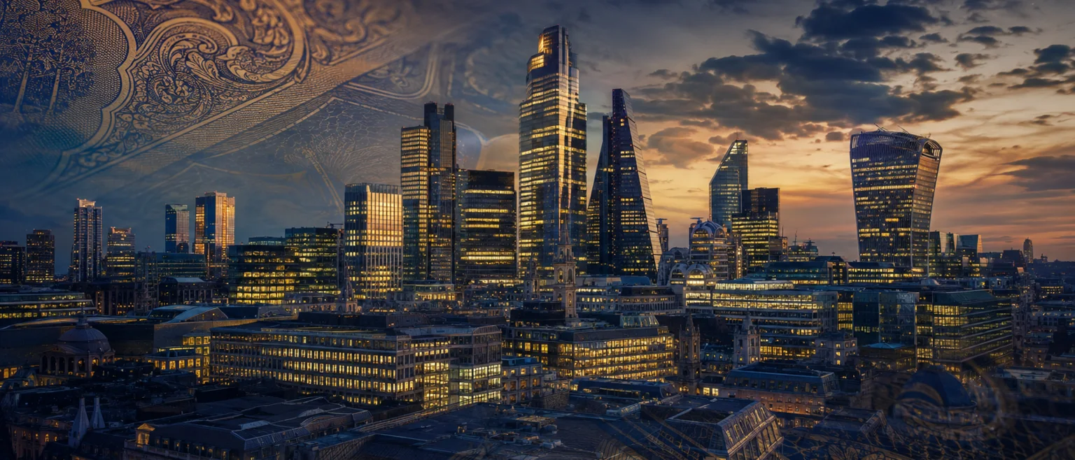 Skyline del distrito financiero de Londres al atardecer con texturas de bonos superpuestas, evocando el mercado de deuda soberana