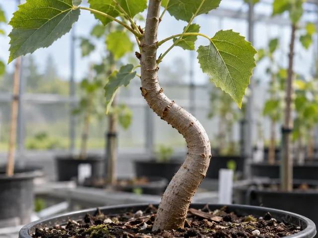 Primer plano de un álamo joven con el tallo visiblemente curvado en un invernadero de investigación, con luz difusa y la curva del tronco recortada contra un fondo desenfocado