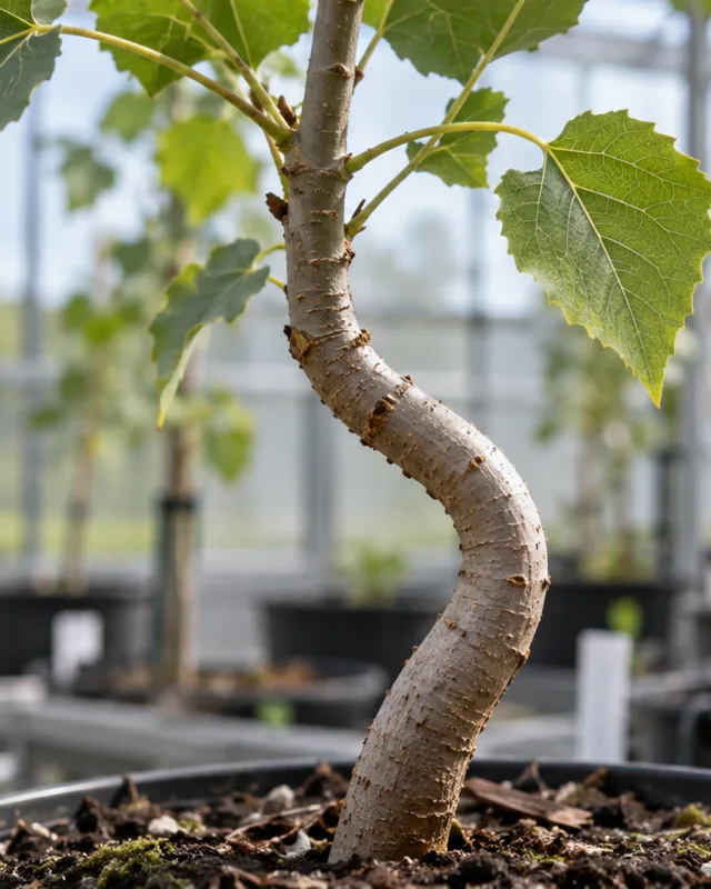 Primer plano de un álamo joven con el tallo visiblemente curvado en un invernadero de investigación, con luz difusa y la curva del tronco recortada contra un fondo desenfocado