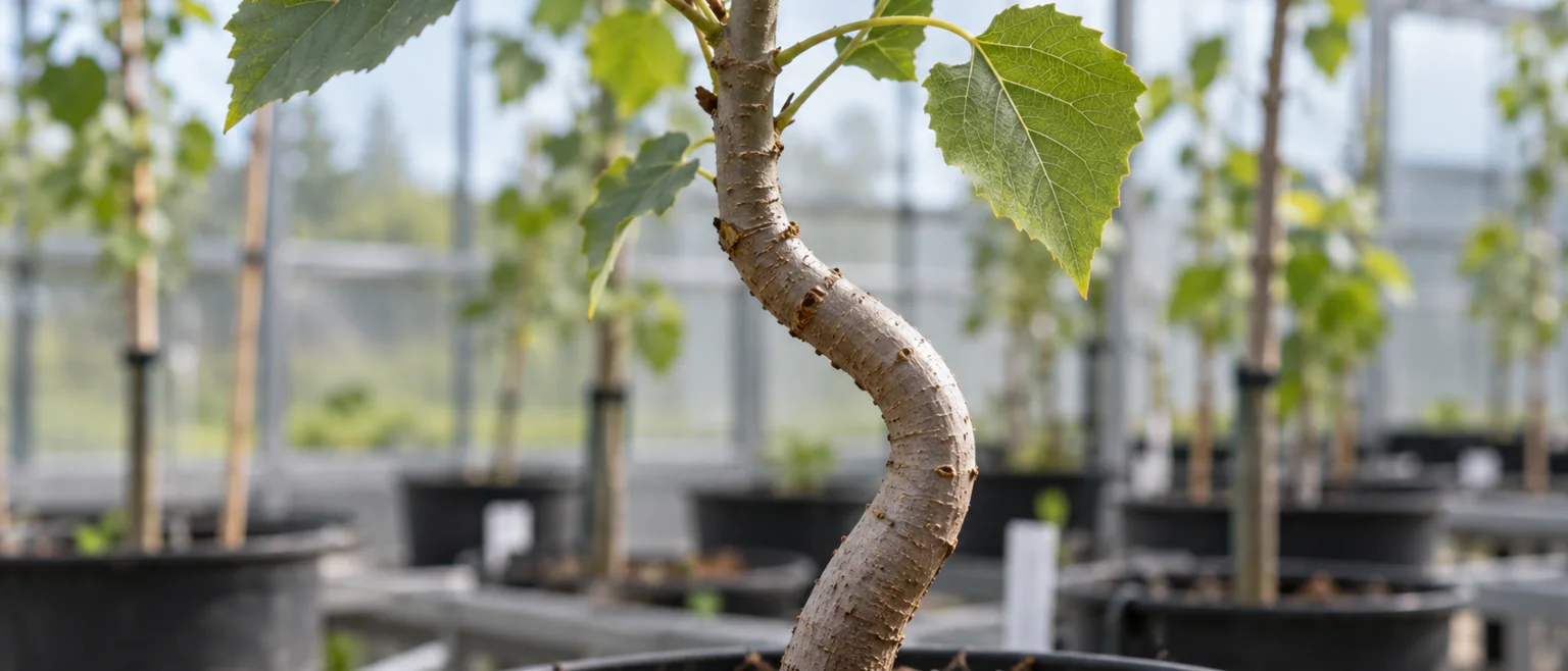 Primer plano de un álamo joven con el tallo visiblemente curvado en un invernadero de investigación, con luz difusa y la curva del tronco recortada contra un fondo desenfocado