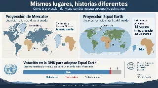 Infografía que compara el tamaño similar de Groenlandia y África en la proyección Mercator con la realidad, donde África es 14 veces más grande, junto al desglose de la votación: 164 a favor, 1 en contra y 6 abstenciones
