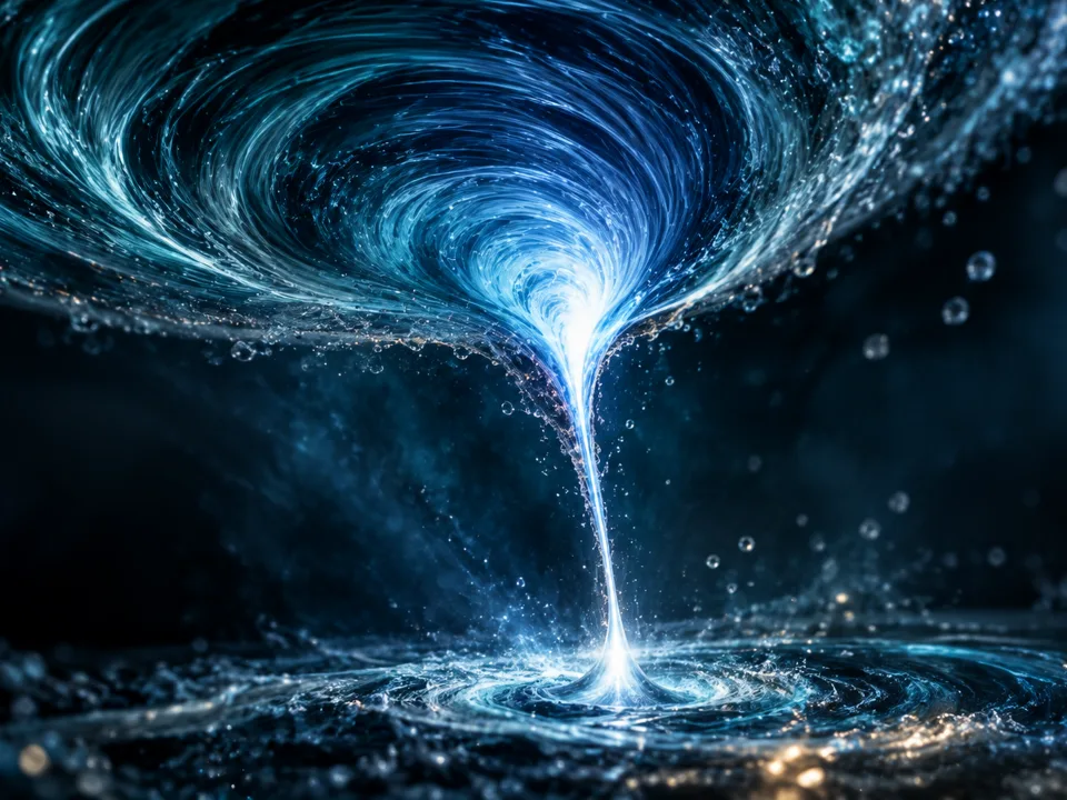 Visualización científica de un vórtice de fluido azul que se enrosca hacia dentro y se estira en un filamento delgado, con el núcleo incandescente mientras acelera, sobre fondo oscuro