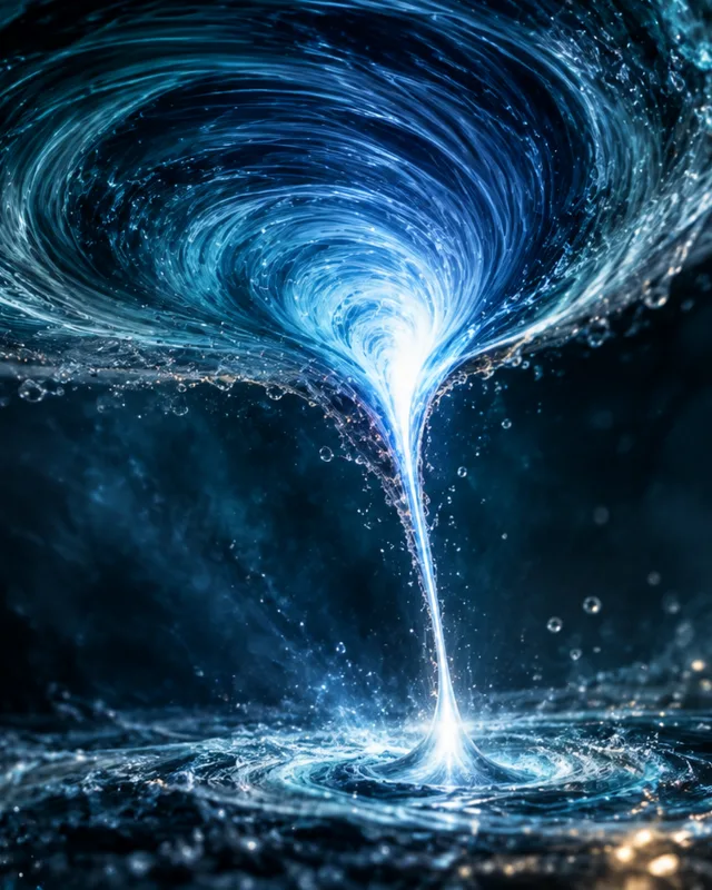 Visualización científica de un vórtice de fluido azul que se enrosca hacia dentro y se estira en un filamento delgado, con el núcleo incandescente mientras acelera, sobre fondo oscuro