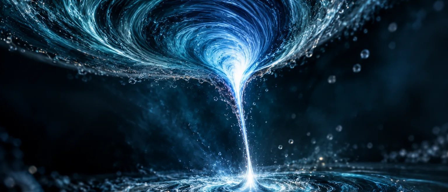 Visualización científica de un vórtice de fluido azul que se enrosca hacia dentro y se estira en un filamento delgado, con el núcleo incandescente mientras acelera, sobre fondo oscuro