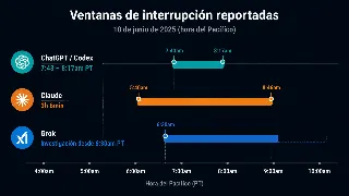 Infografía con línea de tiempo mostrando las ventanas de caída de ChatGPT/Codex, Claude y Grok el 3 de septiembre de 2026