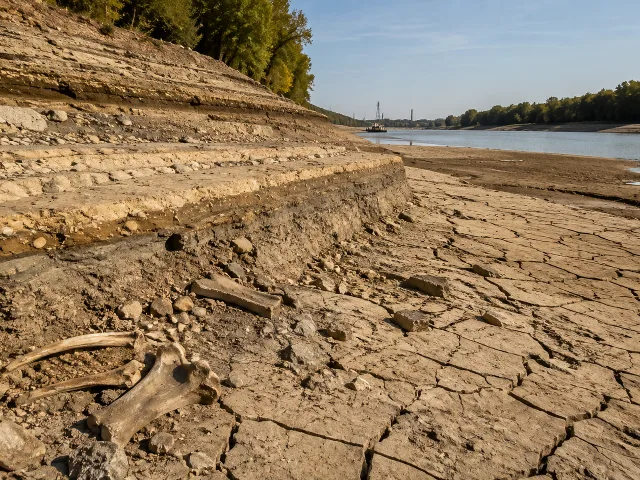 Lecho de río seco y agrietado con fragmentos óseos parcialmente visibles en primer plano, el Danubio reducido a un hilo de agua al fondo