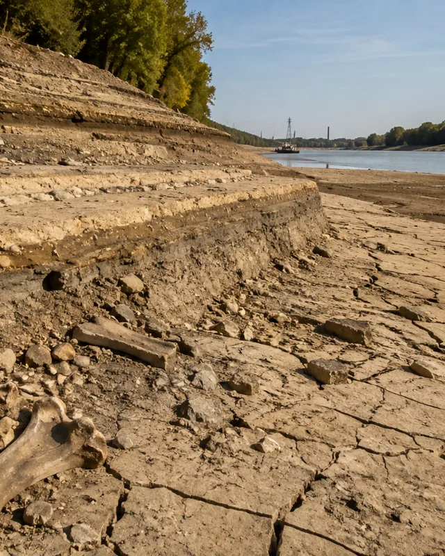 Lecho de río seco y agrietado con fragmentos óseos parcialmente visibles en primer plano, el Danubio reducido a un hilo de agua al fondo