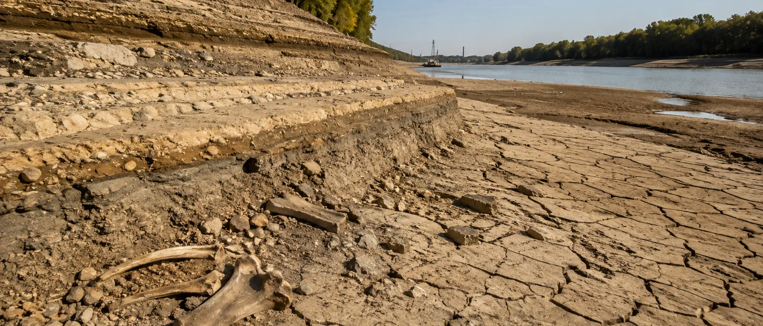 Lecho de río seco y agrietado con fragmentos óseos parcialmente visibles en primer plano, el Danubio reducido a un hilo de agua al fondo