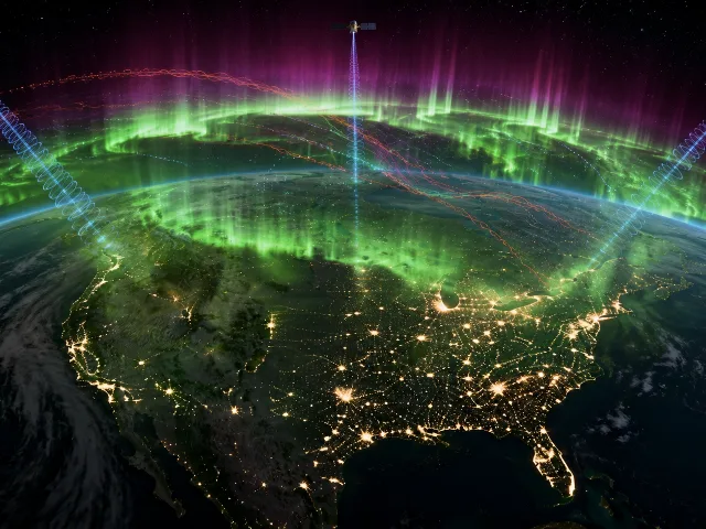 Visualización de bandas de aurora verdes y púrpuras cruzando el continente norteamericano visto desde el espacio