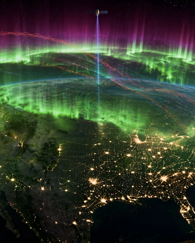 Visualización de bandas de aurora verdes y púrpuras cruzando el continente norteamericano visto desde el espacio