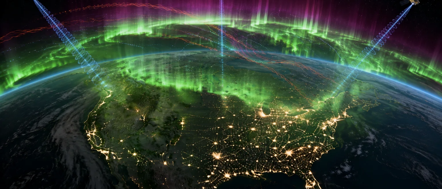 Visualización de bandas de aurora verdes y púrpuras cruzando el continente norteamericano visto desde el espacio