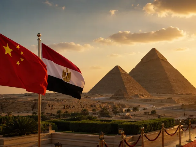 Las pirámides de Guiza al atardecer con banderas de China y Egipto, simbolizando la visita de estado de Xi Jinping