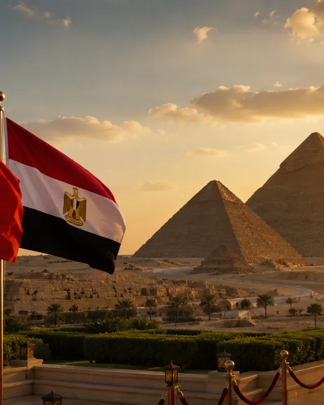 Las pirámides de Guiza al atardecer con banderas de China y Egipto, simbolizando la visita de estado de Xi Jinping