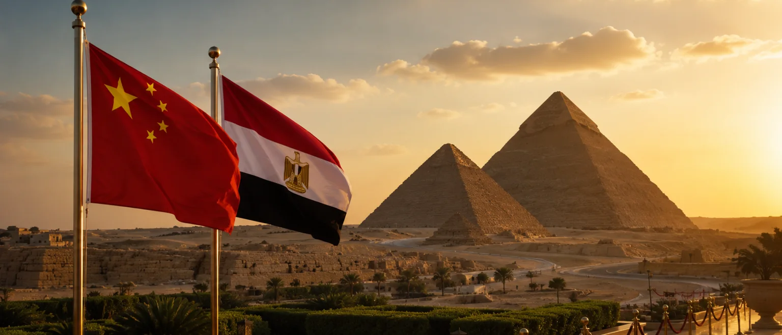 Las pirámides de Guiza al atardecer con banderas de China y Egipto, simbolizando la visita de estado de Xi Jinping
