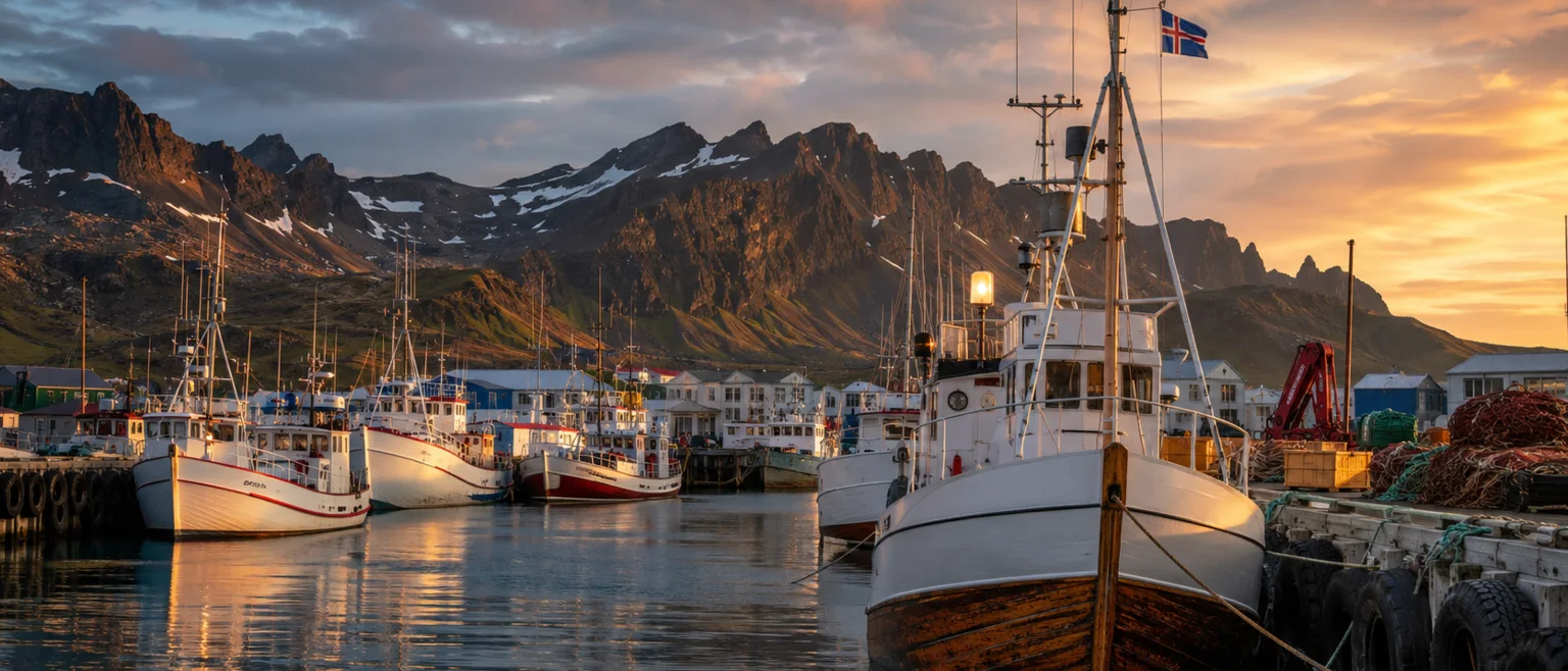 Puerto pesquero tradicional en Islandia con la costa volcánica al fondo, al atardecer