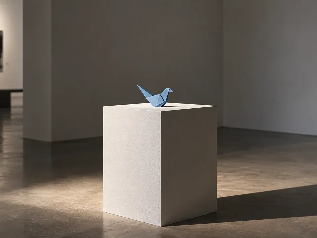 Bodegón conceptual de un pequeño pájaro de papel azul posado sobre un pedestal blanco vacío en una sala desnuda, con luz de museo y una sombra larga