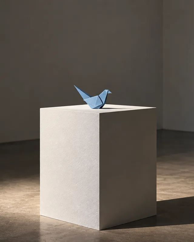 Bodegón conceptual de un pequeño pájaro de papel azul posado sobre un pedestal blanco vacío en una sala desnuda, con luz de museo y una sombra larga
