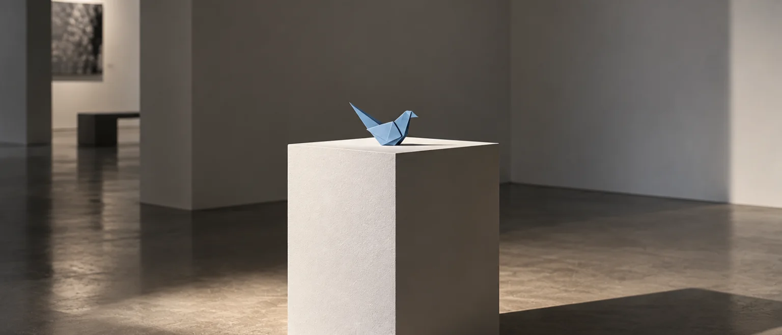 Bodegón conceptual de un pequeño pájaro de papel azul posado sobre un pedestal blanco vacío en una sala desnuda, con luz de museo y una sombra larga
