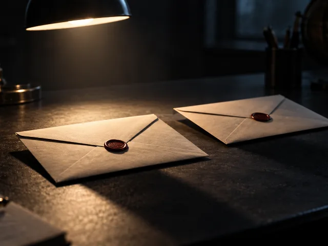 Bodegón editorial de dos sobres idénticos cerrados sobre un escritorio oscuro, iluminados por una sola lámpara cenital, uno ligeramente por delante del otro, con sombras largas
